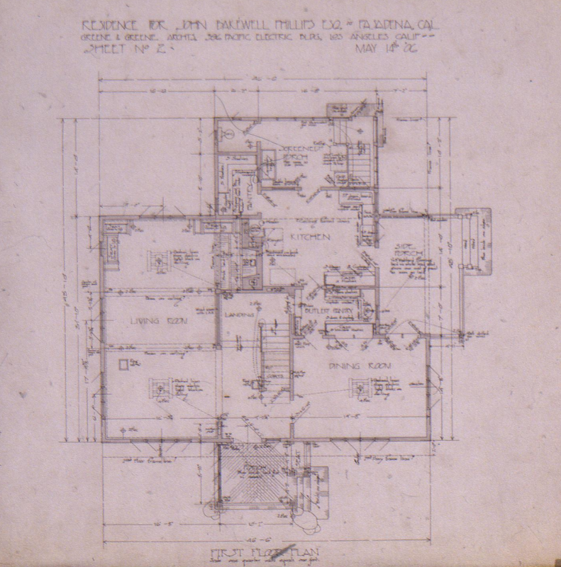 First floor plan drawing of the John Bakewell Phillips House illustrating the open layout and centralized circulation core.