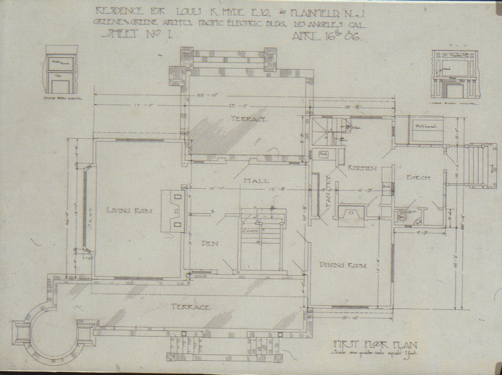 The original first-floor plan (Sheet No. 1) for the Louis K. Hyde house, detailing the layout of the living spaces and terraces.