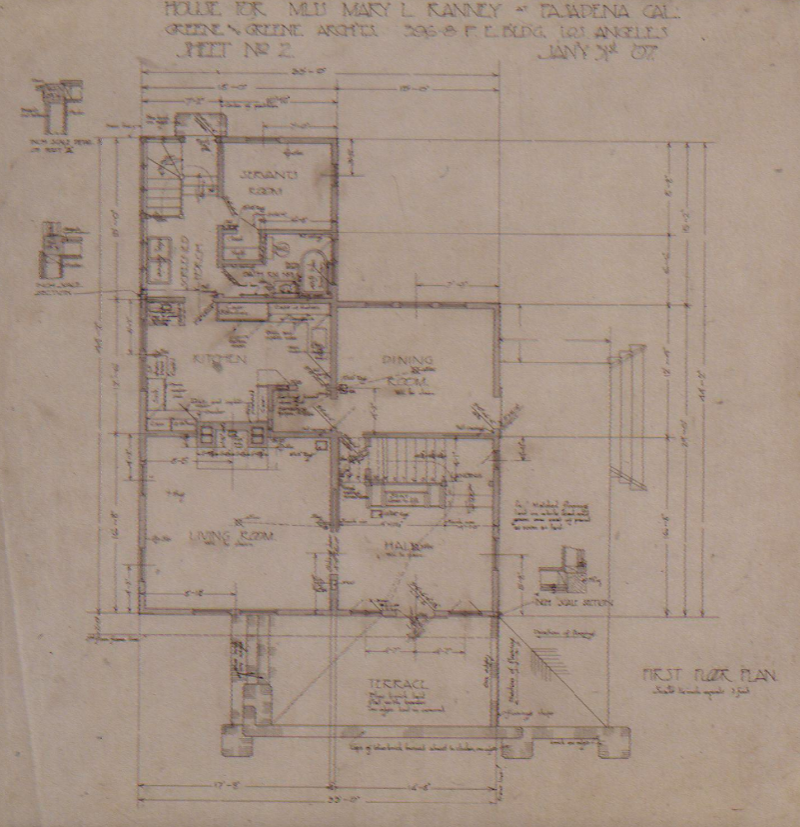 Original 1907 first floor plan drawing of The Mary L. Ranney House showing room layout and dimensions by Greene & Greene.