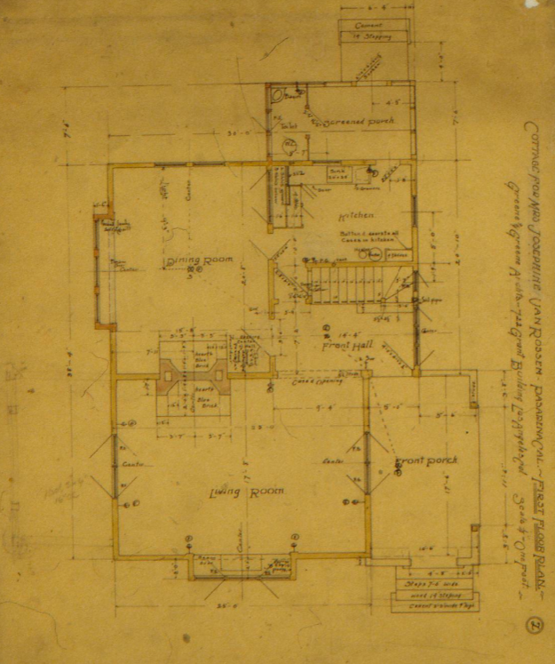 First floor plan for the van Rossem-Neil House illustrating living room, dining room, kitchen, and front porch layout.