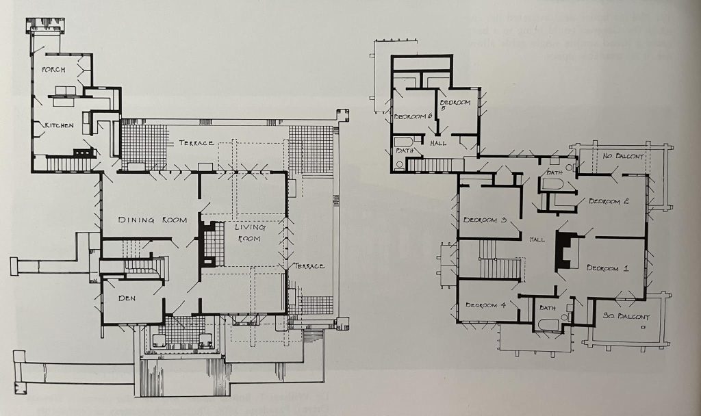 Original architectural floor plans showing first and second floor layouts of the Robert Pitcairn Jr. house by Greene & Greene.