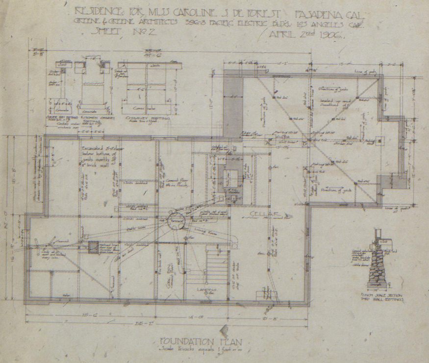 The foundation plan of The Caroline S. de Forest House, showing the structural layout and footprint of the building.