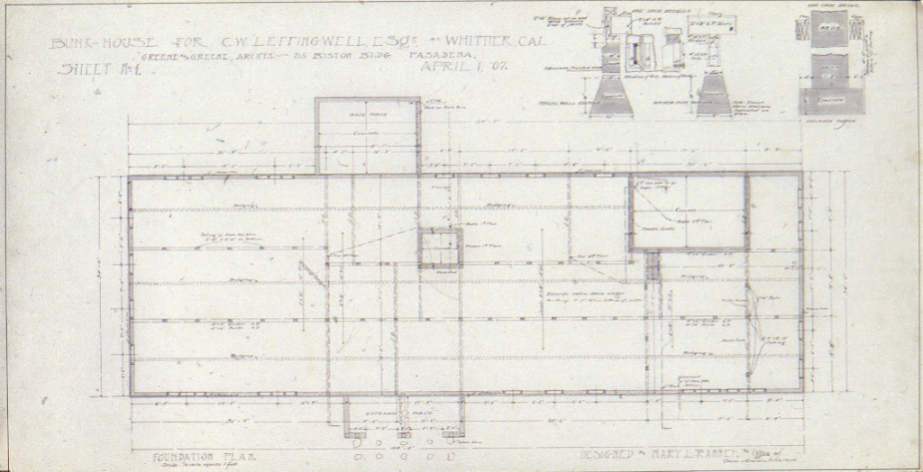 Foundation plan drawing for The Charles W. Leffingwell Bunkhouse by Greene & Greene, dated 1907