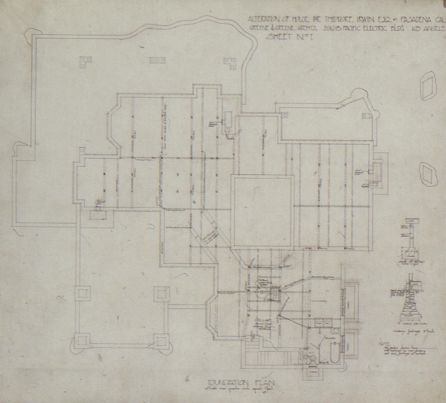 Foundation plan drawing of The Duncan-Irwin House showing structural layout and original design.