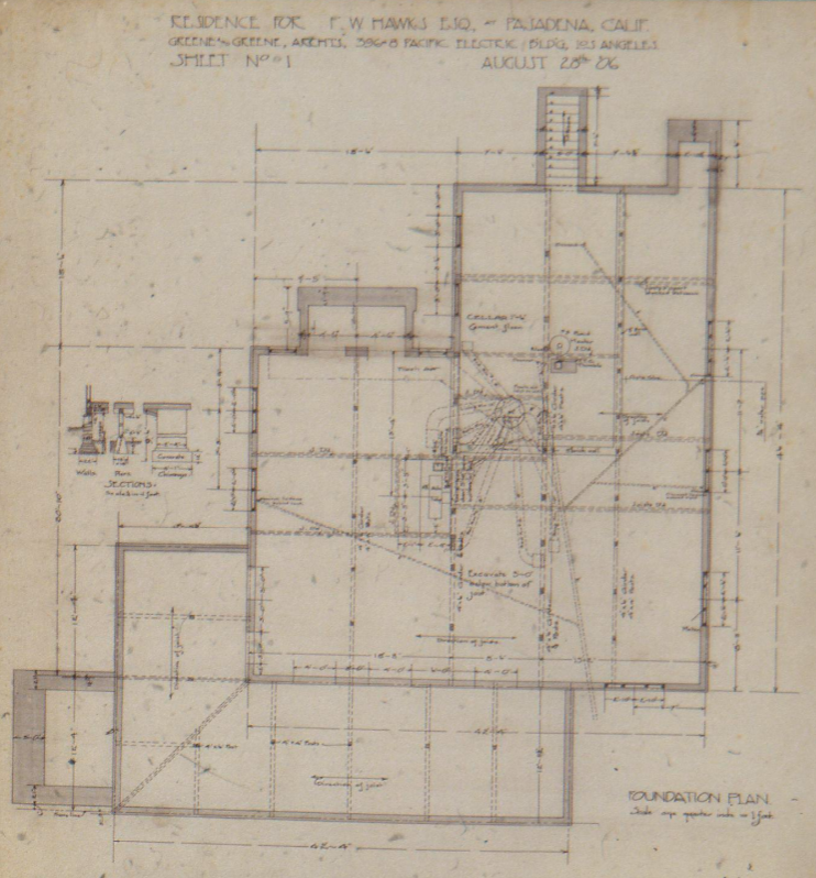 Original 1906 foundation plan drawing for the F. W. Hawks house by Greene & Greene, dated August 28th, Pasadena, California.