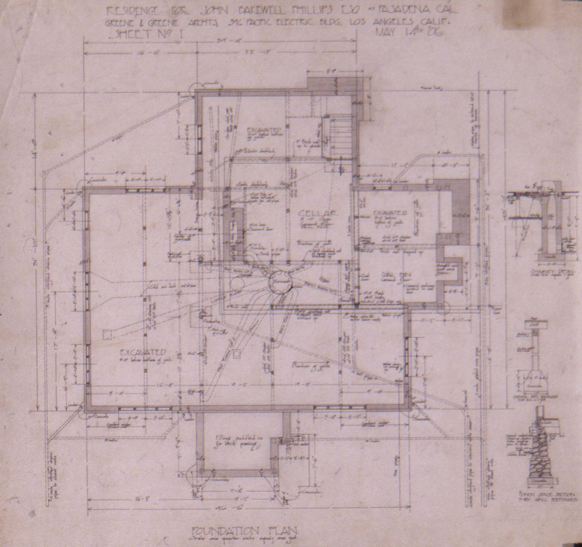 Architectural foundation plan drawing for the John Bakewell Phillips House, detailing the structural layout by Greene & Greene.