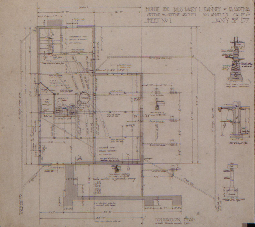 Original foundation plan drawing of The Mary L. Ranney House detailing clinker brick foundation and structural layout.