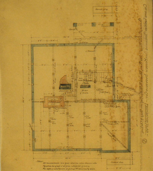 Foundation plan drawing for the van Rossem-Neil House detailing cellar, pier locations, and cement step placement.