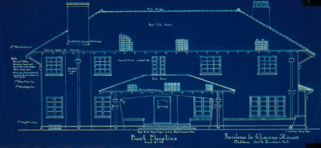 Front elevation blueprint drawing of The Judge Joseph H. Pryor House by Greene & Greene, showing architectural details.