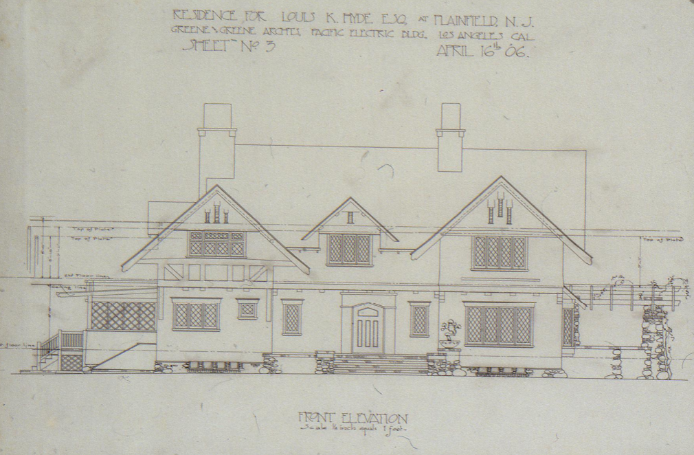 Greene & Greene's 1906 front elevation drawing (Sheet No. 3) for the Louis K. Hyde house, a study in masterful composition.