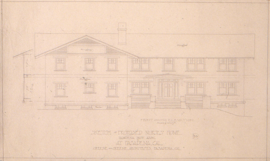 Original pencil sketch of the front (south) elevation for The Pasadena Hospital Association Nurses' Home by Greene & Greene.