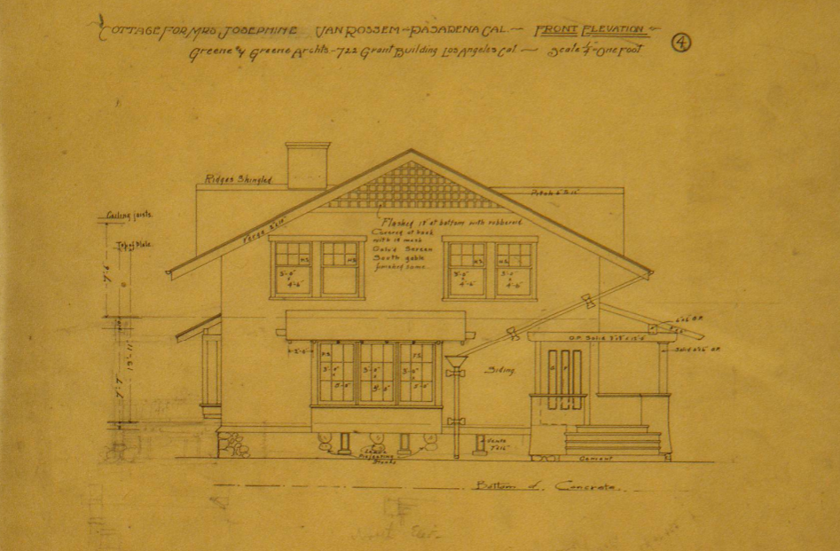 Original front elevation drawing for the van Rossem-Neil House by Greene & Greene, showing shingled gable and porch.
