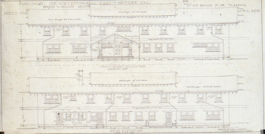 Front and west elevation architectural drawing for The Charles W. Leffingwell Bunkhouse, 1907