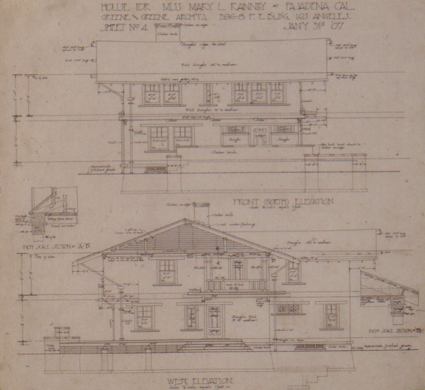 Front west elevation architectural drawing of The Mary L. Ranney House showing facade details and proportions.