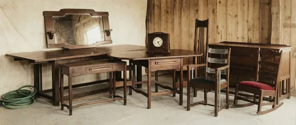 Complete collection of the Mrs. Belle Barlow Bush furniture including tables, chairs, mirror, clock, and sideboard