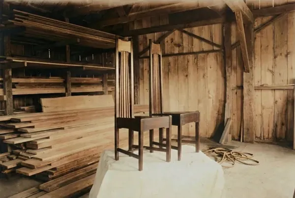 Pair of tall-back hall chairs in the Hall Brothers workshop from the Mrs. Belle Barlow Bush furniture commission