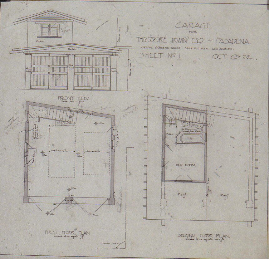 Original architectural drawing of The Duncan-Irwin House garage with floor plans and front elevation.