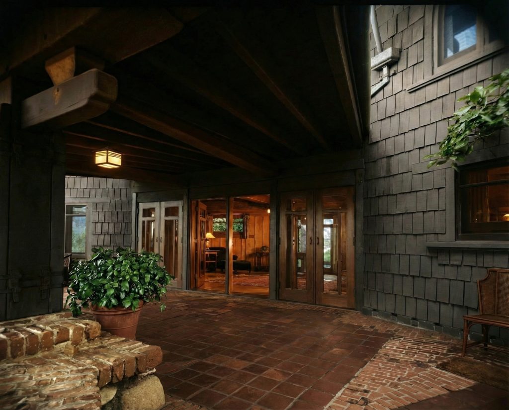 Colorized rear terrace and doors of The Charles M. Pratt House showing French doors, stone terrace, and garden views