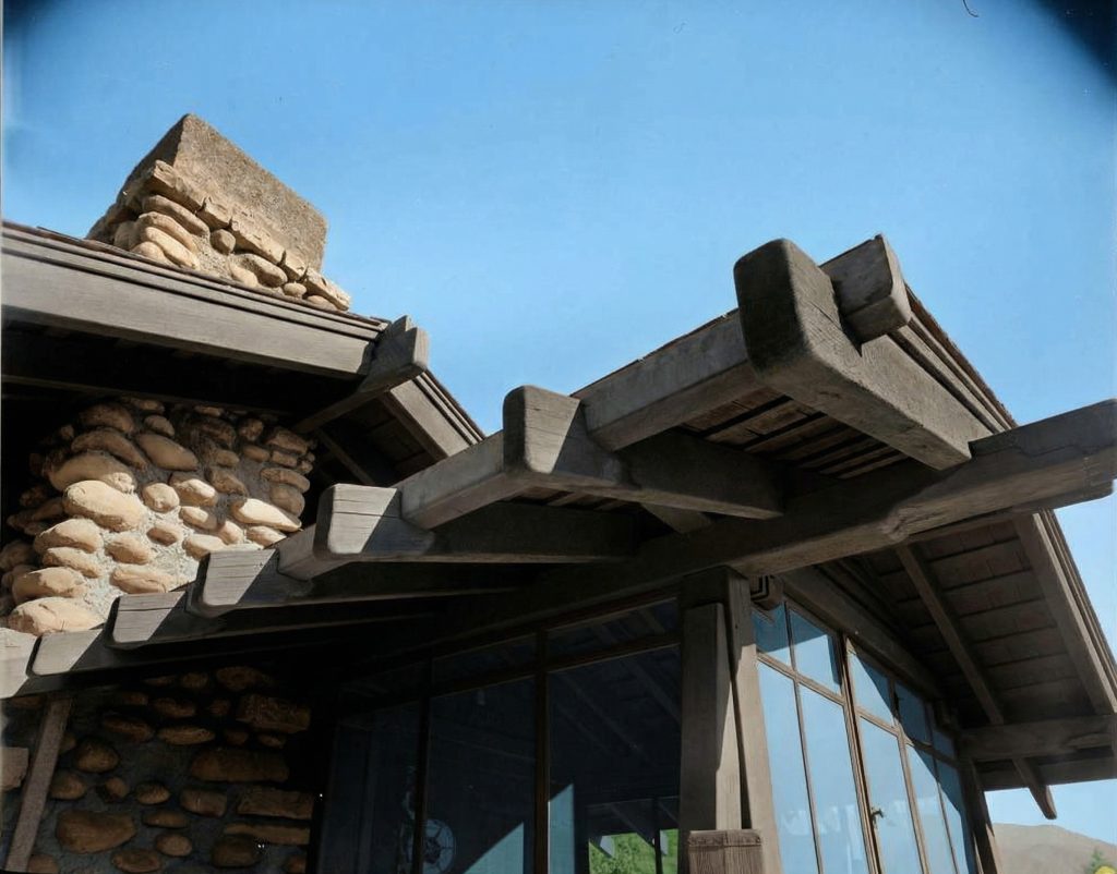 Colorized second floor terrace and chimney of The Charles M. Pratt House with stone construction and wood railings