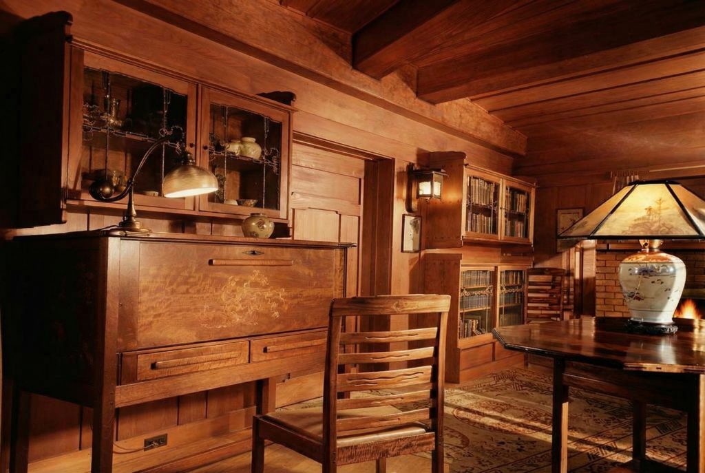 Colorized interior furniture at The Charles M. Pratt House showing Arts and Crafts pieces, wood construction, and details