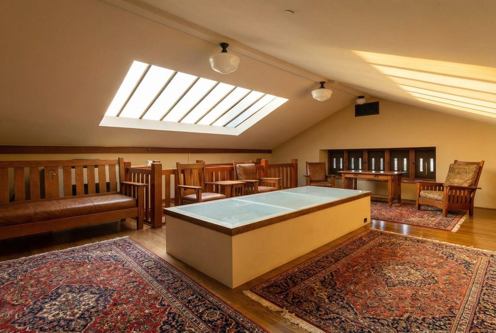 Contemporary-finished attic space beneath the gabled roof at The Margaret B. S. Clapham Spinks House.