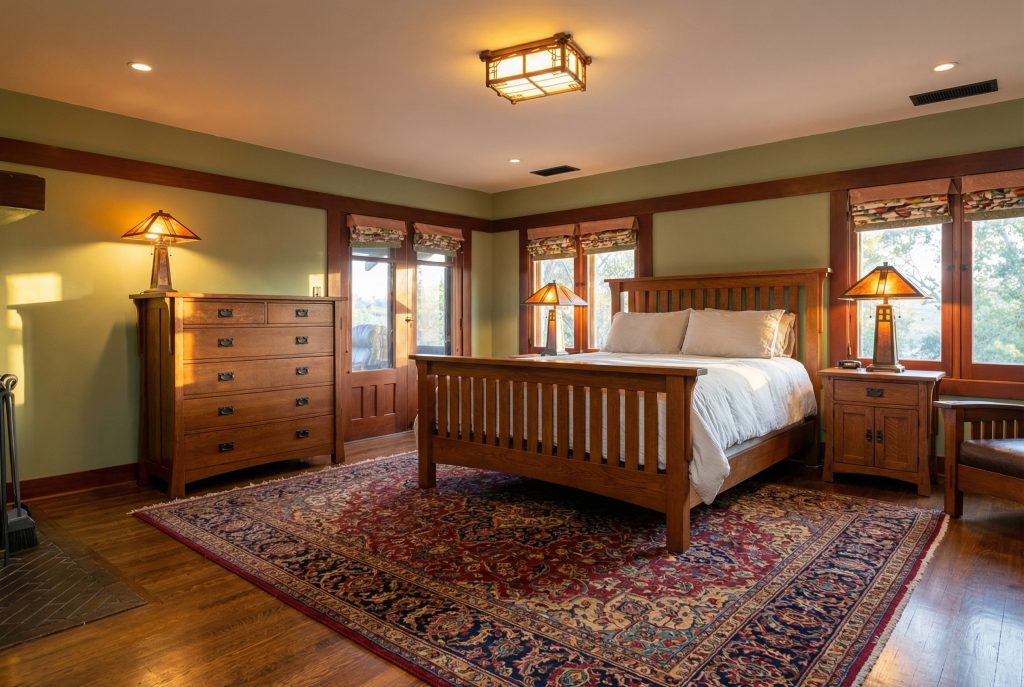 Primary bedroom with generous proportions and fine wood details at The Margaret B. S. Clapham Spinks House.