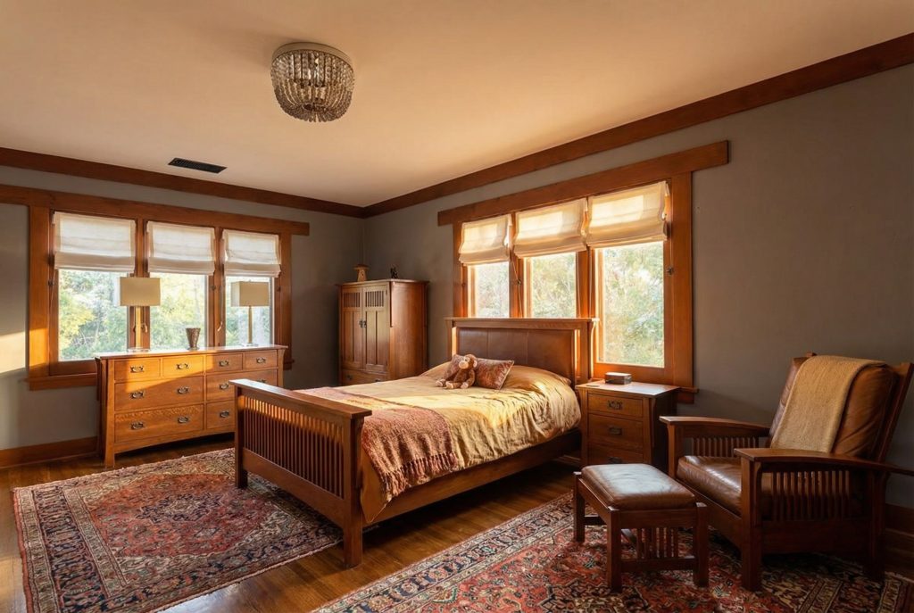 Bedroom with plaster walls and built-in storage at The Margaret B. S. Clapham Spinks House in Pasadena.