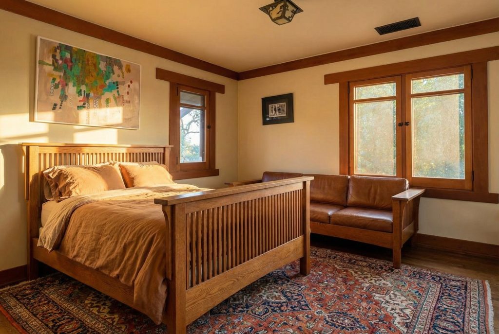 Bedroom with canyon views and wood trim details at The Margaret B. S. Clapham Spinks House in Pasadena.
