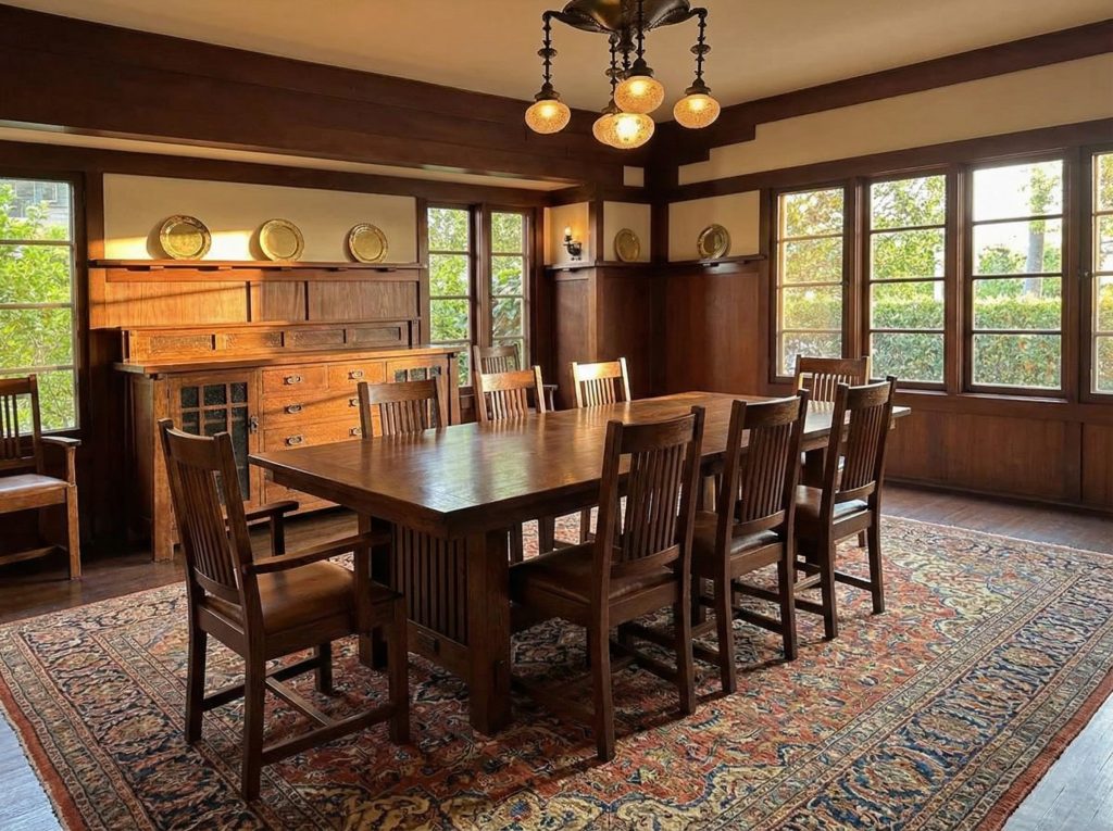 Dining room interior of The Judge Joseph H. Pryor House featuring mahogany wainscoting and Grueby tiles.