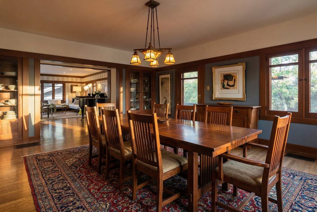 Formal dining room with plate rail and built-in sideboard at The Margaret B. S. Clapham Spinks House.