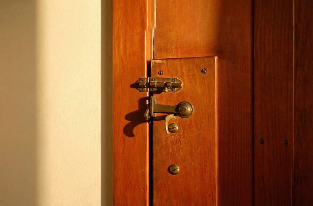 A close-up of a door lock in The Caroline S. de Forest House, illustrating the custom metalwork and attention to detail.