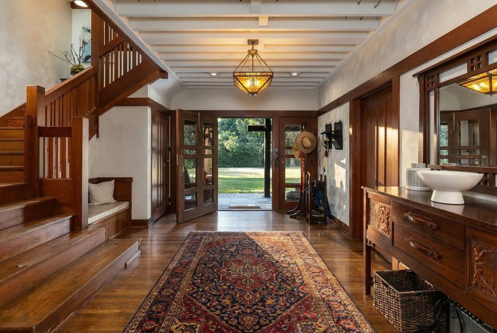 Entrance hall with Port Orford cedar paneling and built-in settle at The Margaret B. S. Clapham Spinks House.