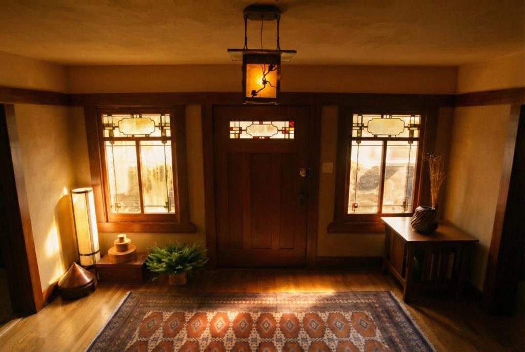 Entry hall of The Mary L. Ranney House featuring art glass windows, Japonesque lantern, and mahogany front door.