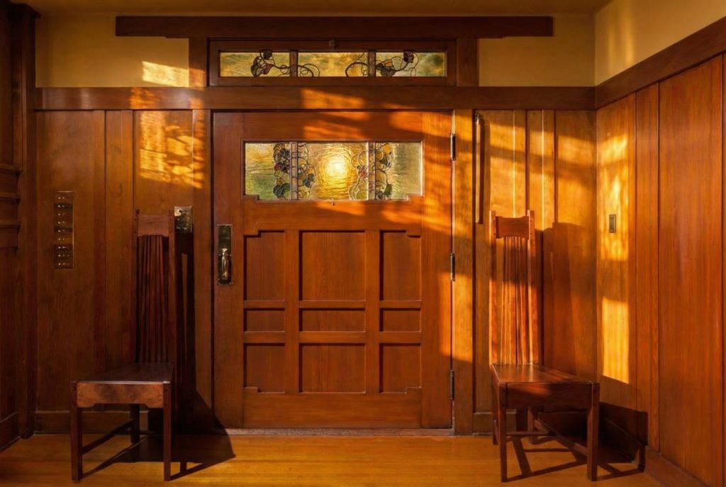 Interior view of the front door at The Dr. William T. Bolton House #3 showing art glass design.
