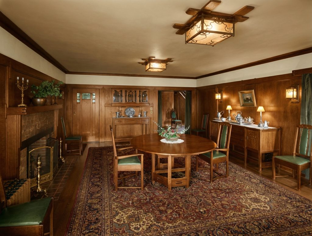 Historic photo of Thorsen House dining room with original Greene & Greene furniture, ceiling fixtures, and cabinetry