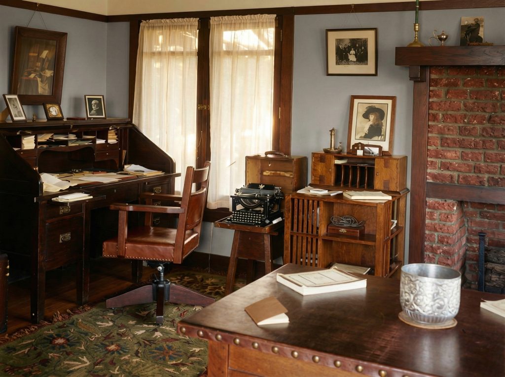 Historic photograph of Theodore Irwin Jr.'s desk in The Duncan-Irwin House study.