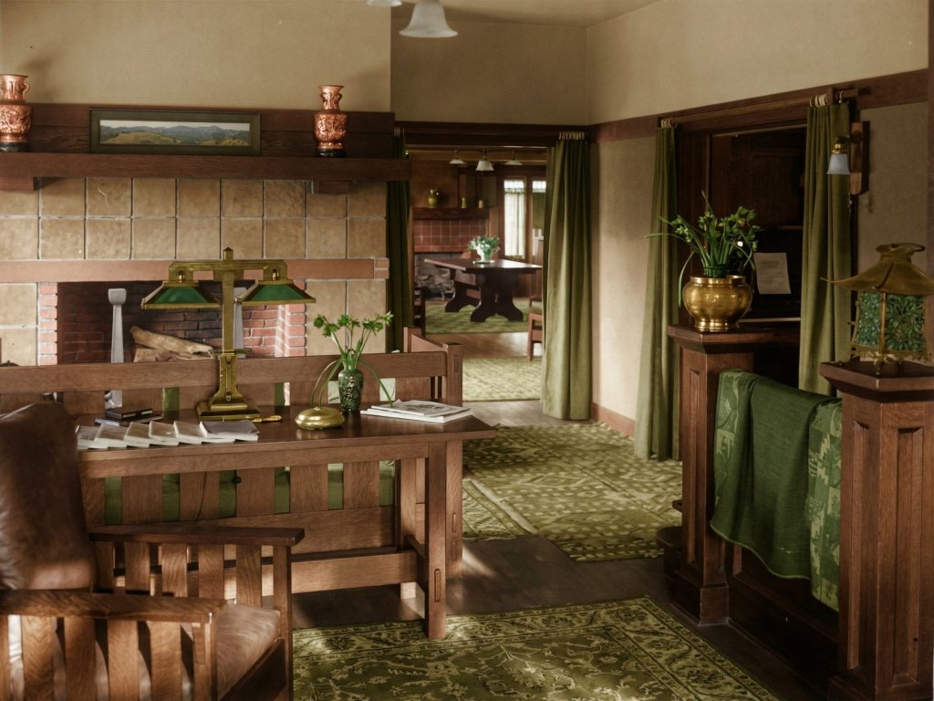 Historic interior photograph of The Duncan-Irwin House living room with original furnishings.
