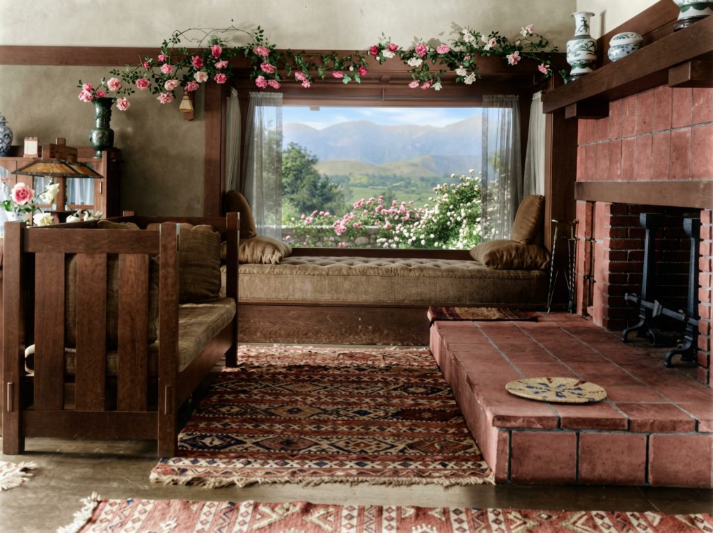 Historic photograph of The Duncan-Irwin House living room fireplace with original tile and mantel.
