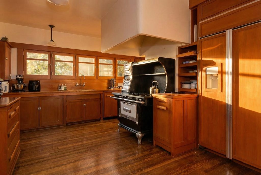 Updated kitchen with period-sensitive finishes at The Margaret B. S. Clapham Spinks House by Greene & Greene.