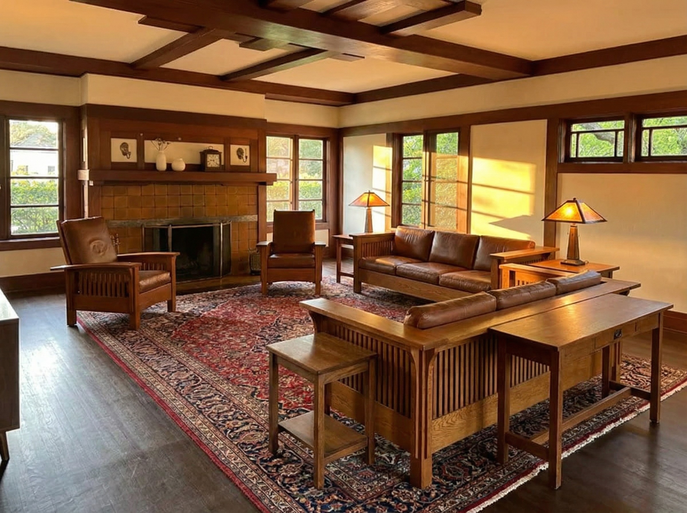 The Stimson House living room: a large rectangular room with a heavy beamed ceiling of Tabasco mahogany, a deep tile fireplace at the far end, leaded glass windows, and built-in cabinetry to either side of the hearth.