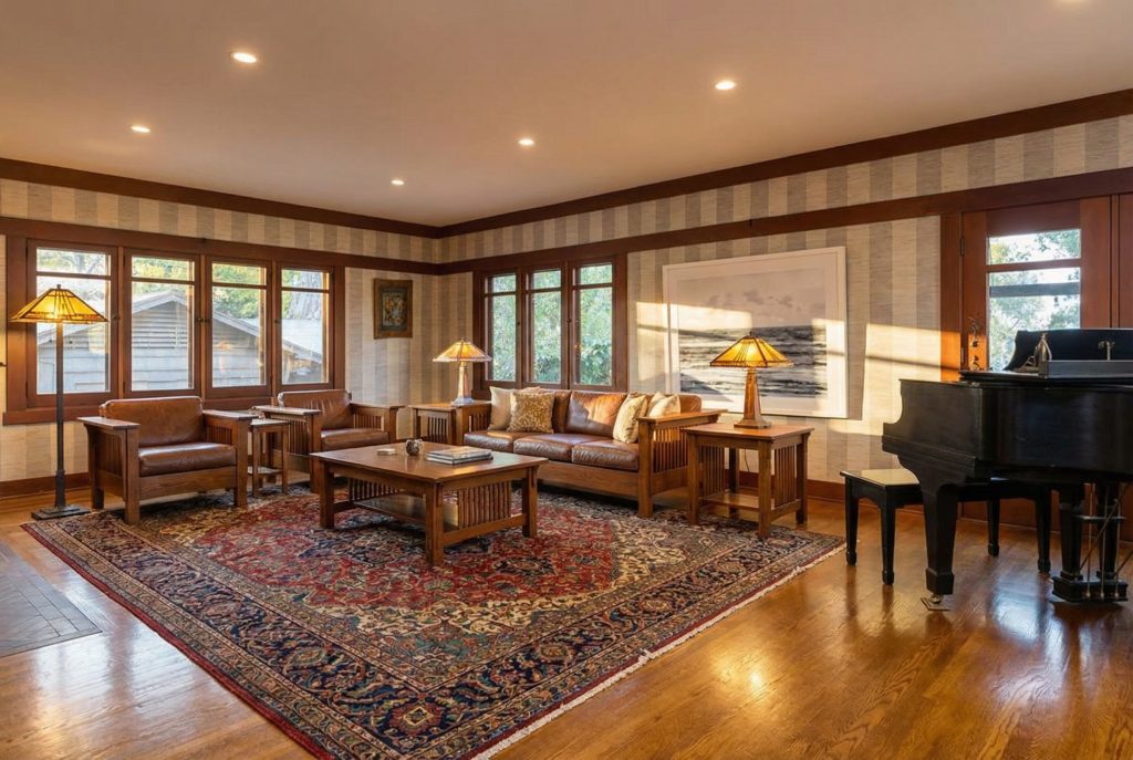 Light-filled living room with built-in cabinetry and wood trim at The Margaret B. S. Clapham Spinks House.