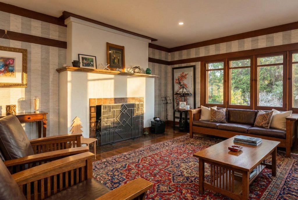 Clinker brick fireplace with tile surround in the living room of The Margaret B. S. Clapham Spinks House.