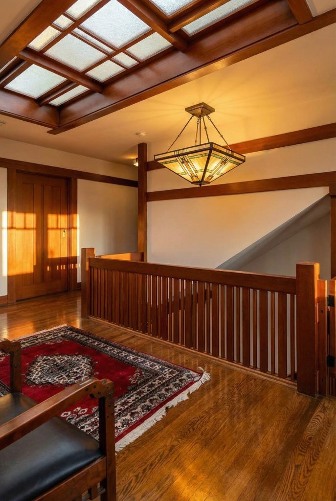 Skylit second-floor hall bathed in natural light at The Margaret B. S. Clapham Spinks House in Pasadena.