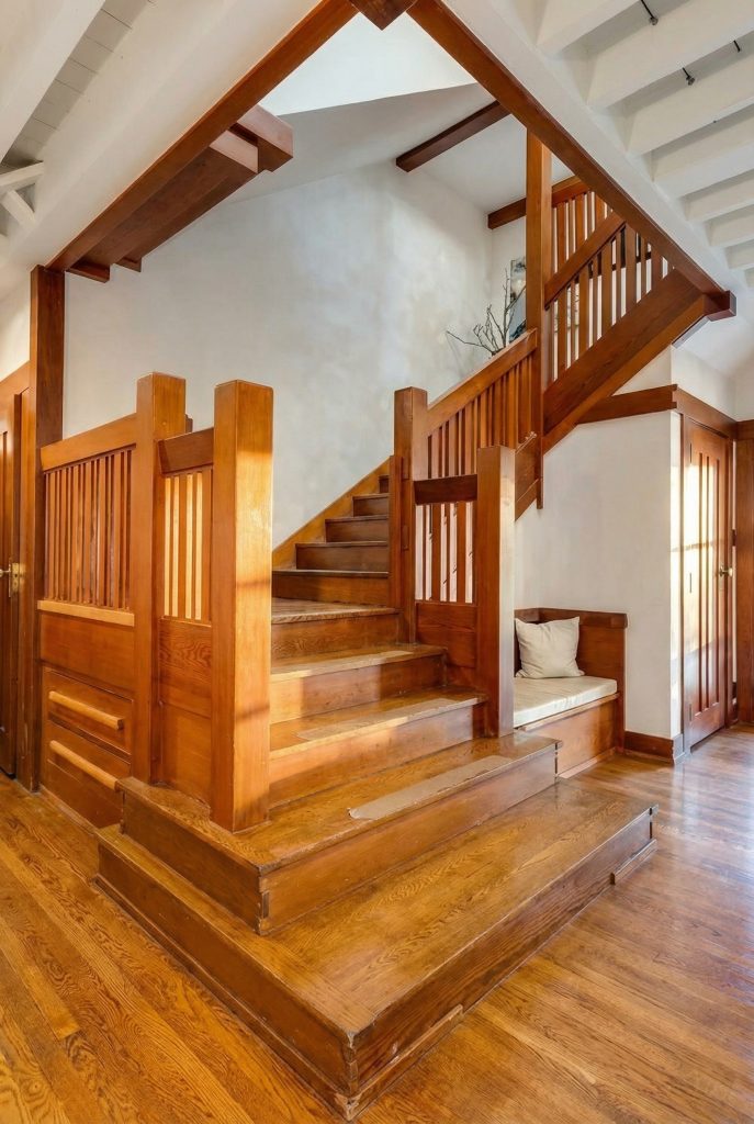 Sculptural timber staircase with rounded edges and two landings at The Margaret B. S. Clapham Spinks House.