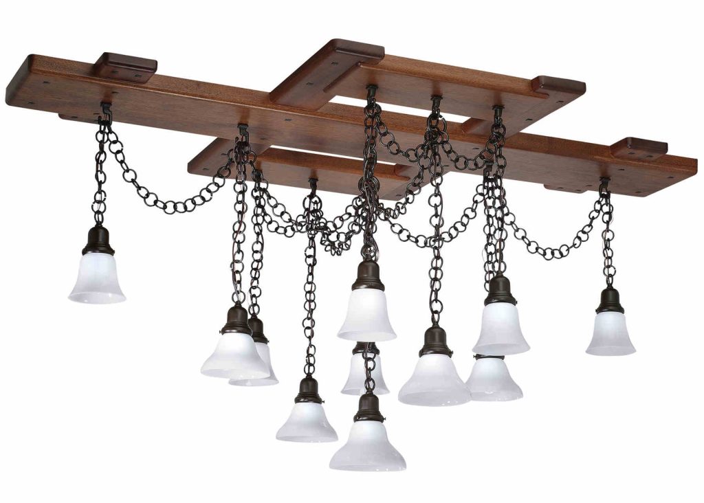 Craftsman light fixture from The Duncan-Irwin House with cascading chains and delicate glass shades.