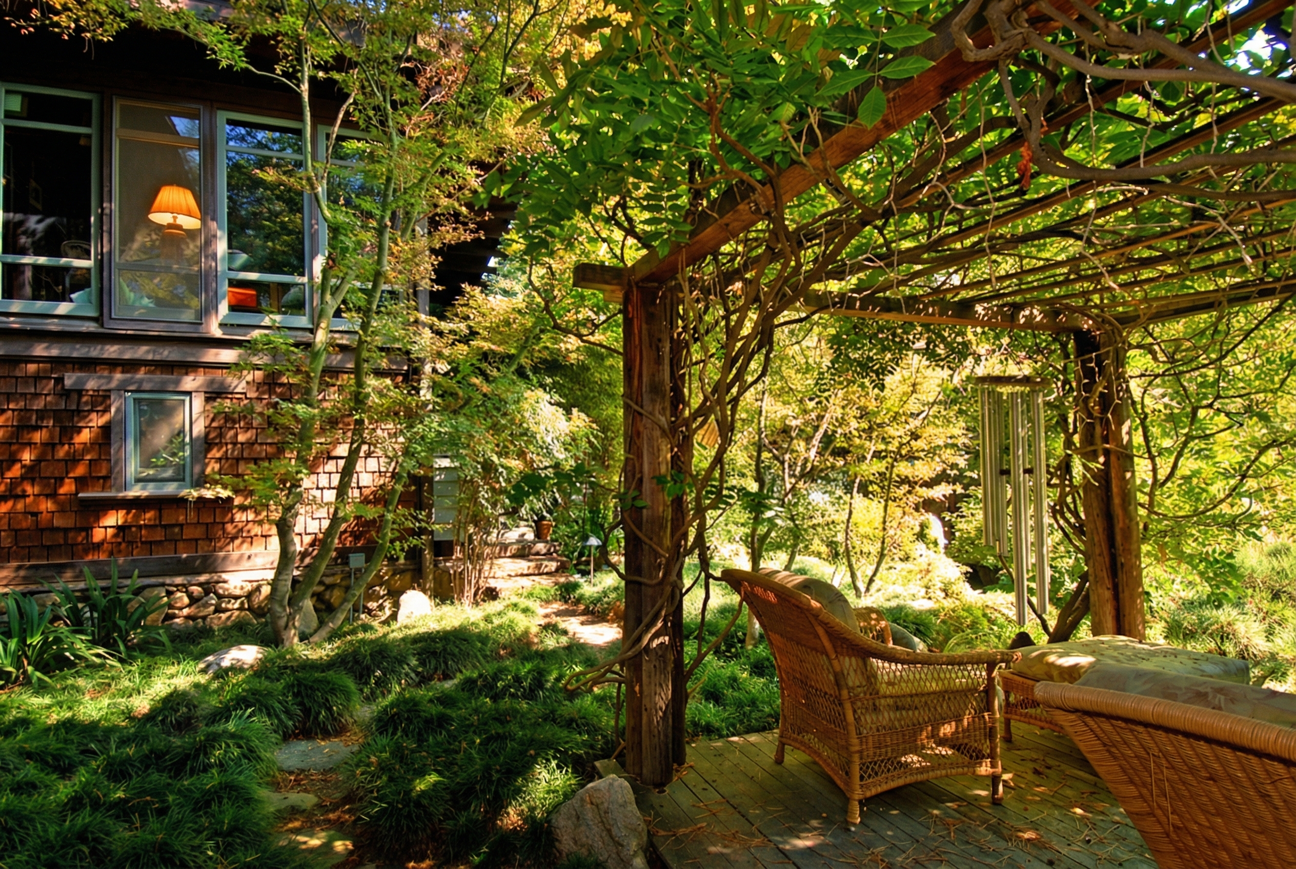 The tranquil backyard of The Caroline S. de Forest House, with a wisteria-covered pergola and lush, natural landscaping.