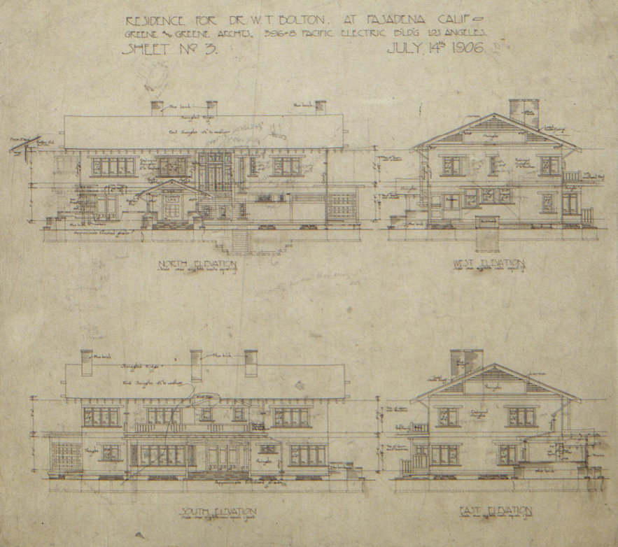 North, south, east, and west elevation drawings of The Dr. William T. Bolton House #3 showing all facades.