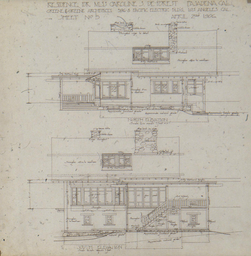 An architectural drawing of the north and south elevations of The Caroline S. de Forest House, showing its relationship to the hillside.