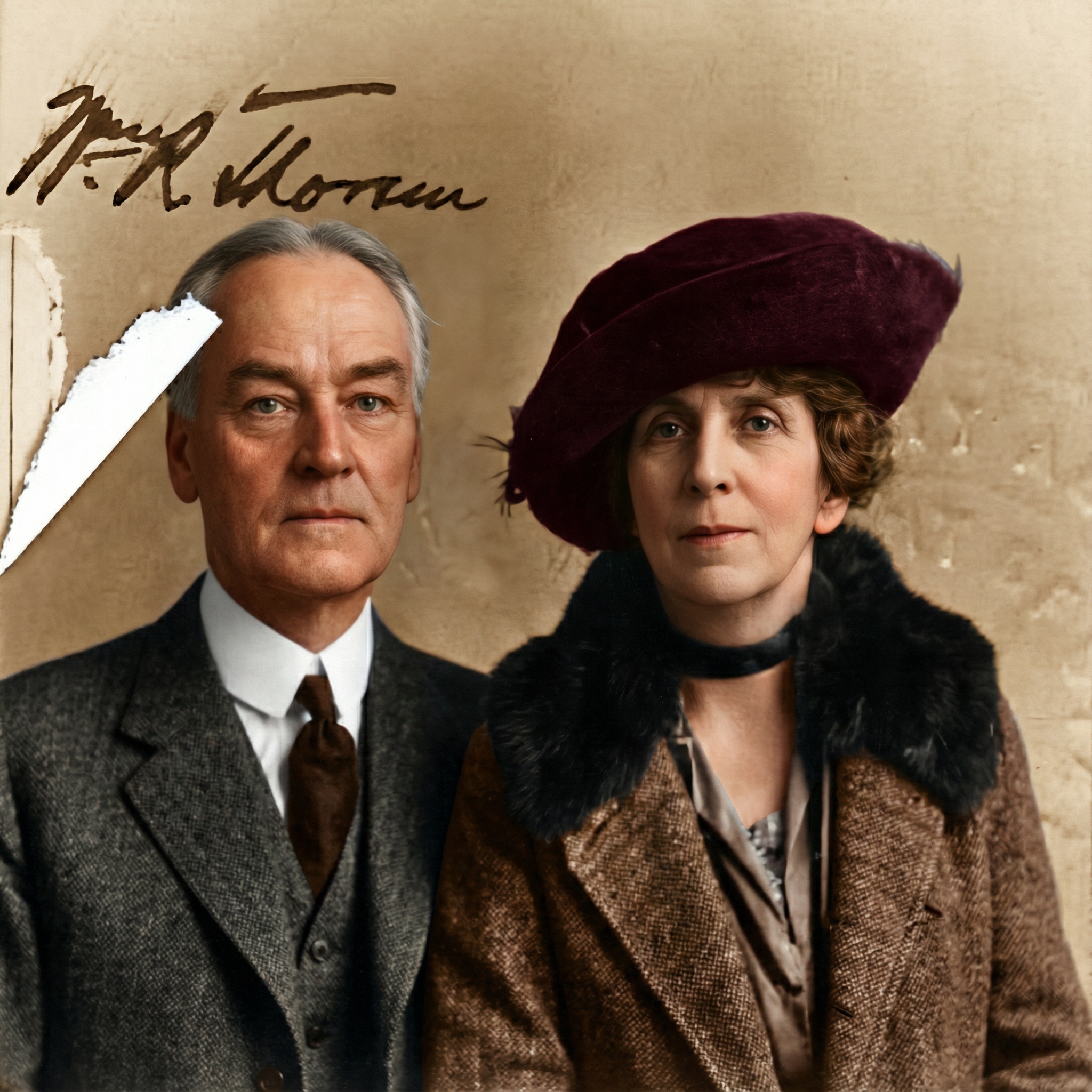 Colorized historic portrait photograph of William Randolph Thorsen and his wife Caroline Canfield Thorsen, seated, in formal early twentieth-century attire