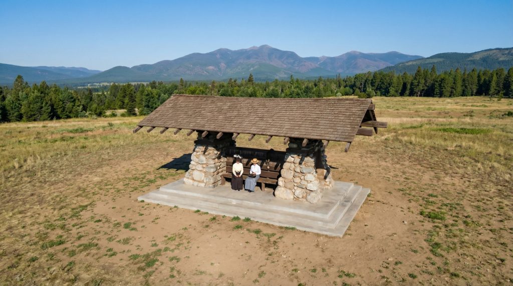 Aerial photograph of The Shelter for View Lovers pavilion on its scenic overlook with mountain range in distance